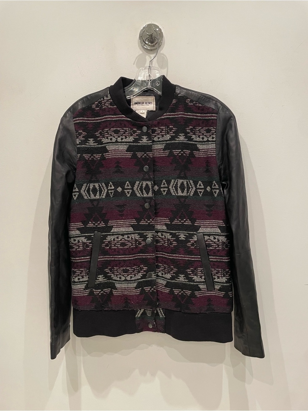 American Retro Black & Burgundy Patterned Bomber Jacket